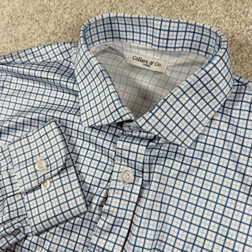 Collars & Co. Dress Collar Polo Men Large Blue White Graph Check Long Sleeve